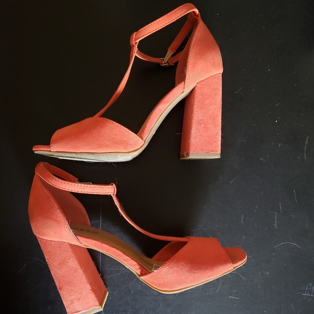 Orange Bamboo t-strap block heel sandals